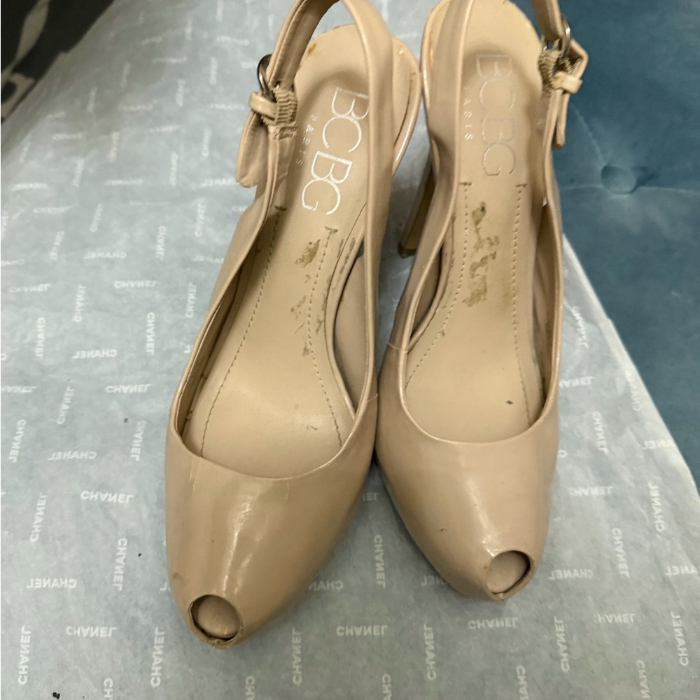 BCBG Beige Patent Peep-Toe Slingback Heels